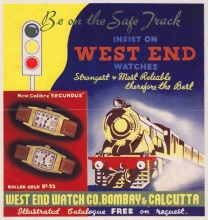 West End Watch Co. promotional poster featureing Indian Railways locomotive and rolling stock.