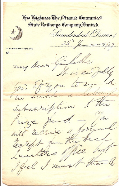 Nizam Railway 1907 letter