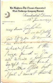 Nizam Railway 1907 letter