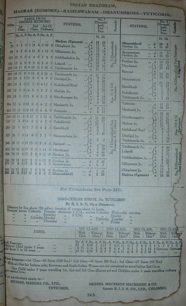 Madras - Colombo via Tuticorin Abstract, 1931