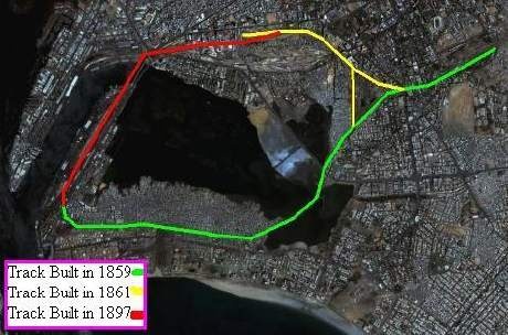 Karachi area satellite map showing railway lines by 1873.