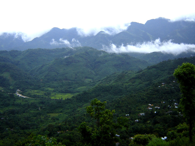 The Diyung Valley and the main range of the Barail from Haflong's Circuit House. The Viaduct is discernible in front of the gree