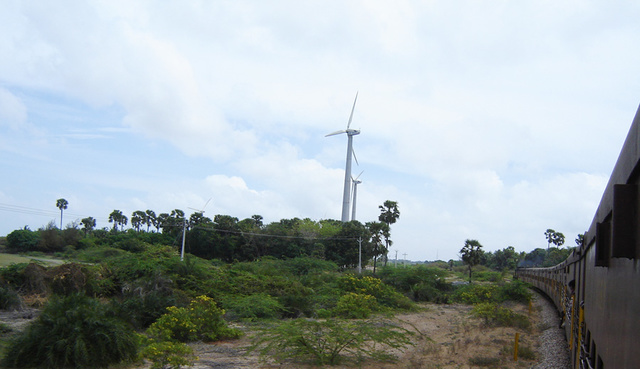 When the line nears the coast before Mandapam Camp, windmills make an appearance