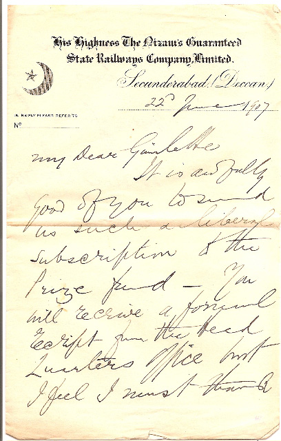 Nizam Railway 1907 letter