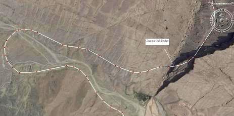 Satellite view of Chappar Rift, detailed view showing bridge location (Tahir Iqbal)