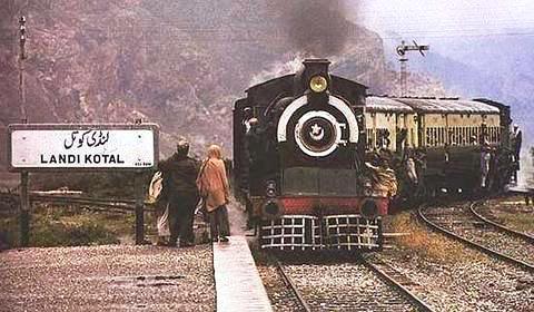 Weekly passenger train arriving at Landi Kotal, 1975