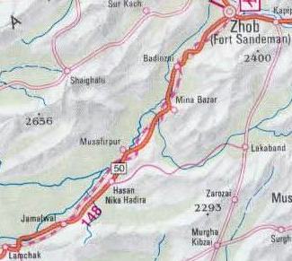 Zhob Valley Railway map detail: Lamchak - Zhob