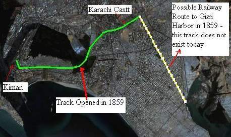 Satellite map showing Karachi area railway lines in 1859